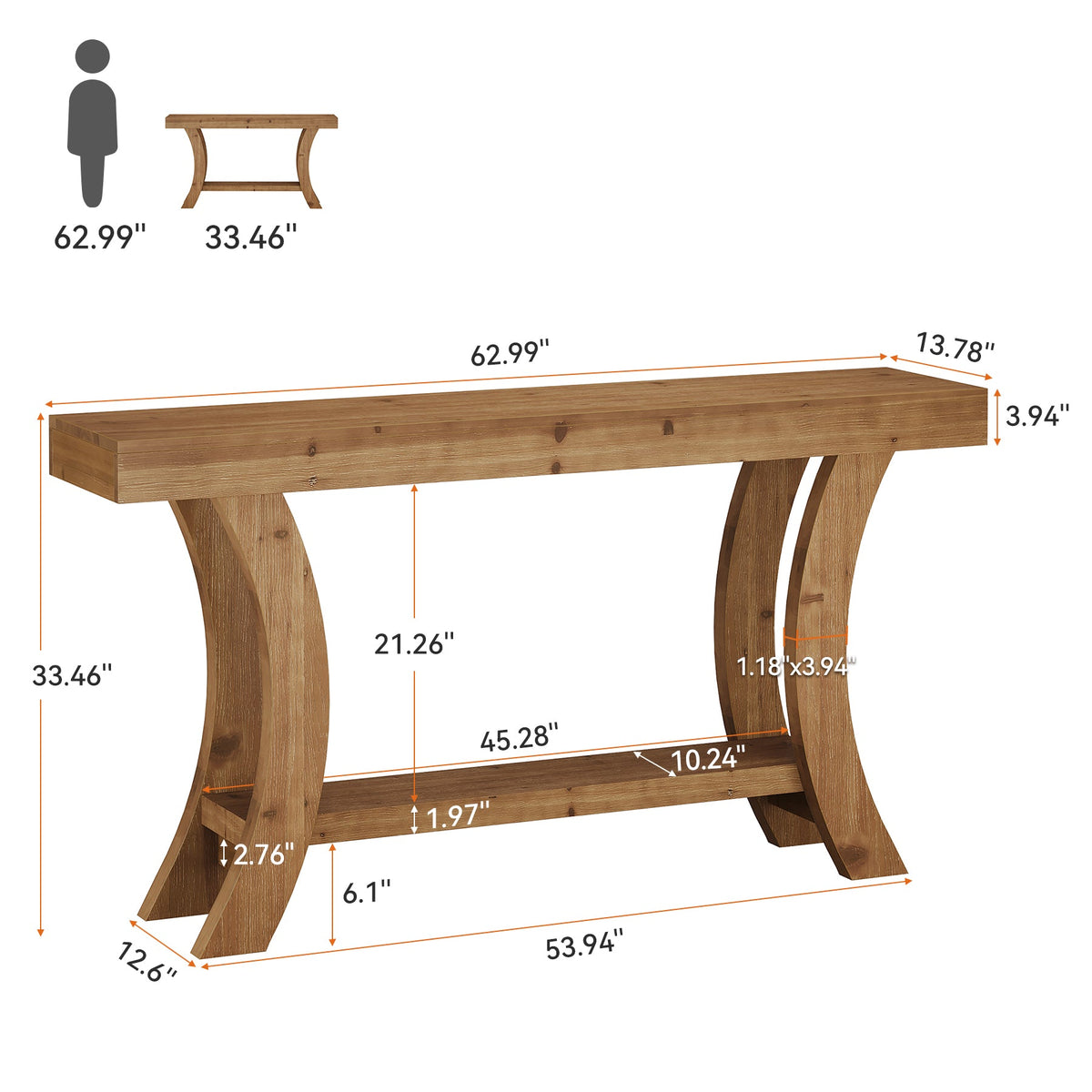 63 Inch Solid Wood Console Table with Shelf, Arched Farmhouse Entryway and Sofa Table