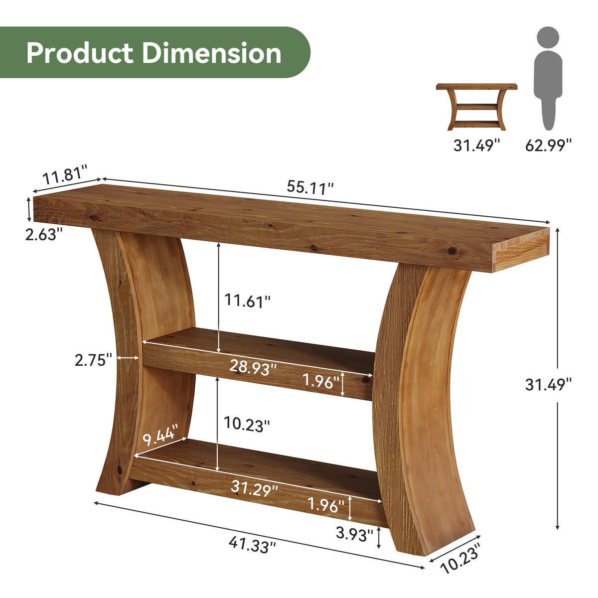 55-Inch Solid Wood Console Table with 3-Tier Storage, Curved Entryway Table for Hallway