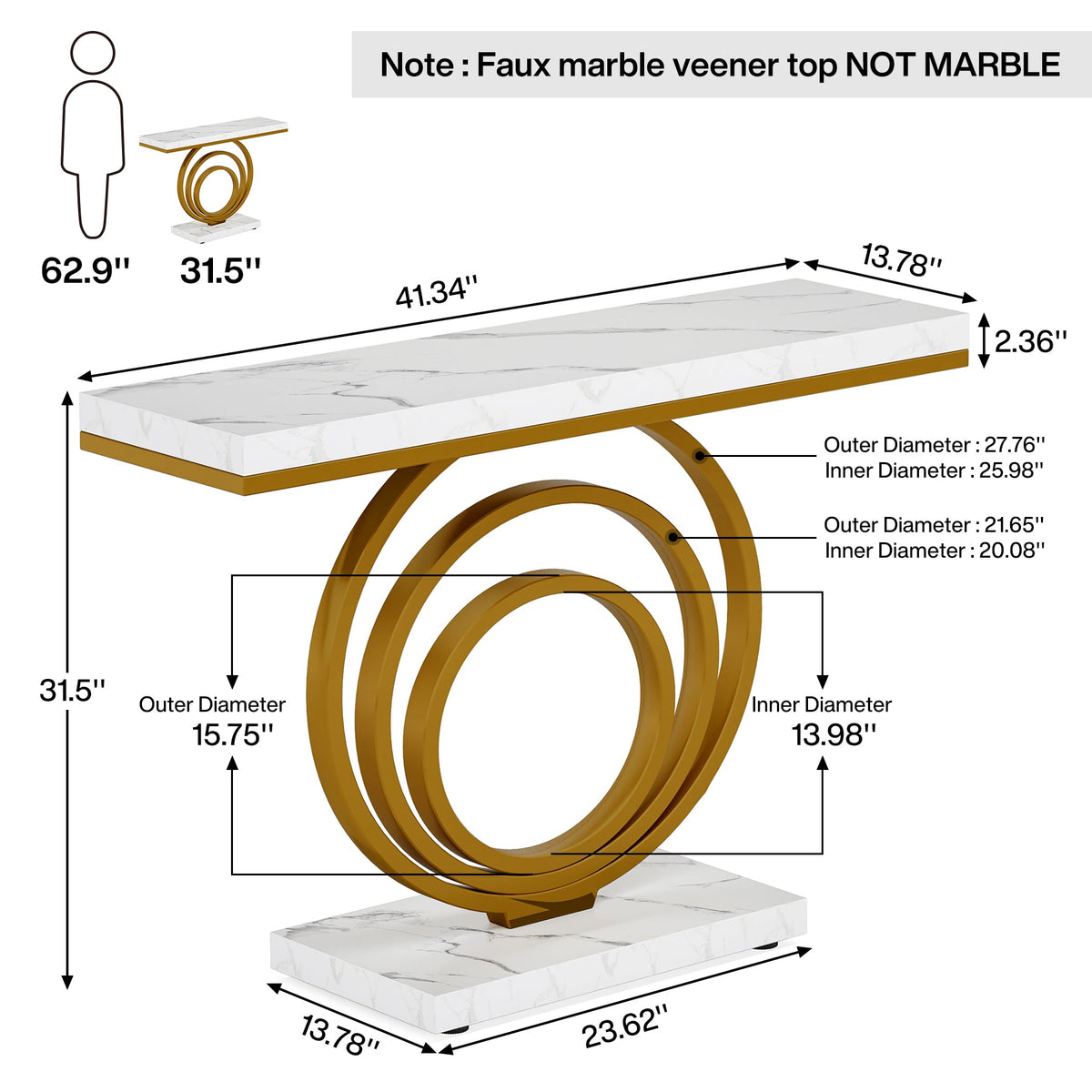 41.3-Inch Gold Console Table, Narrow Entryway Table with Faux Marble Veneer Top and Geometric Metal Frame for Hallway