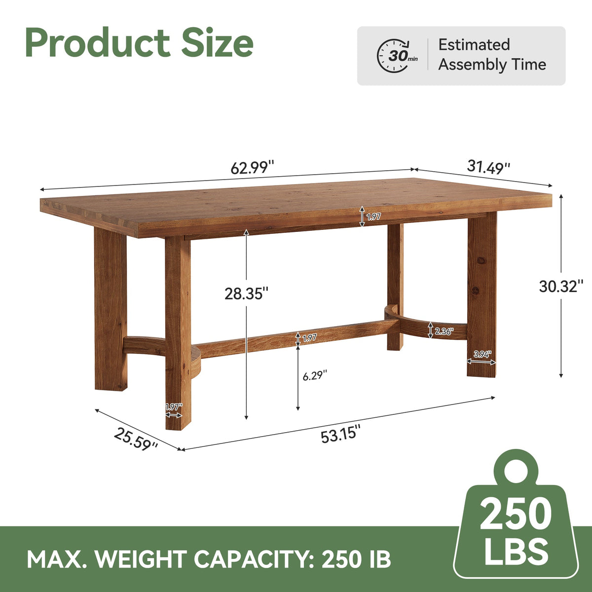 63-Inch Solid Wood Executive Desk, Farmhouse Work Table for Home Office and Meetings