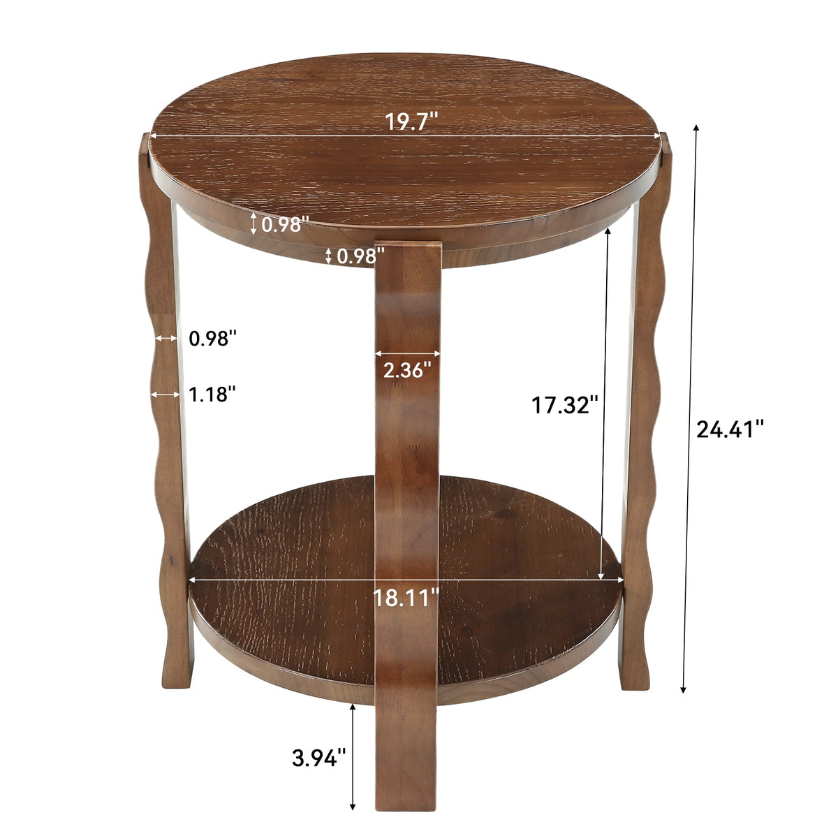19.69-Inch Round Side Table with 2-Tier Storage, Solid Wood End Table for Living Room