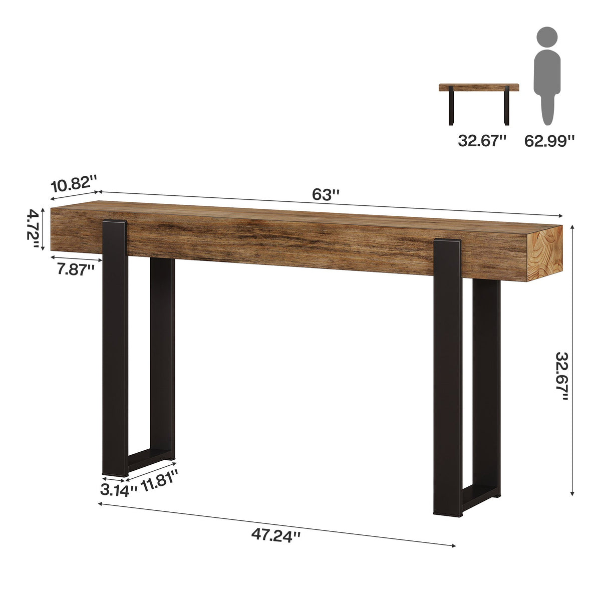 63-Inch Solid Wood Sofa Table with Metal Support, Narrow Console Table for Behind Couch