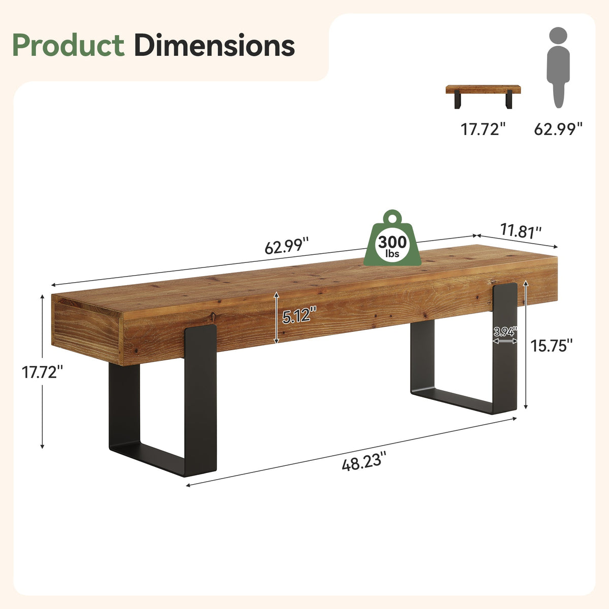63-Inch Solid Wood Dining Bench, Farmhouse Kitchen Seat with Metal Legs for Dining Room