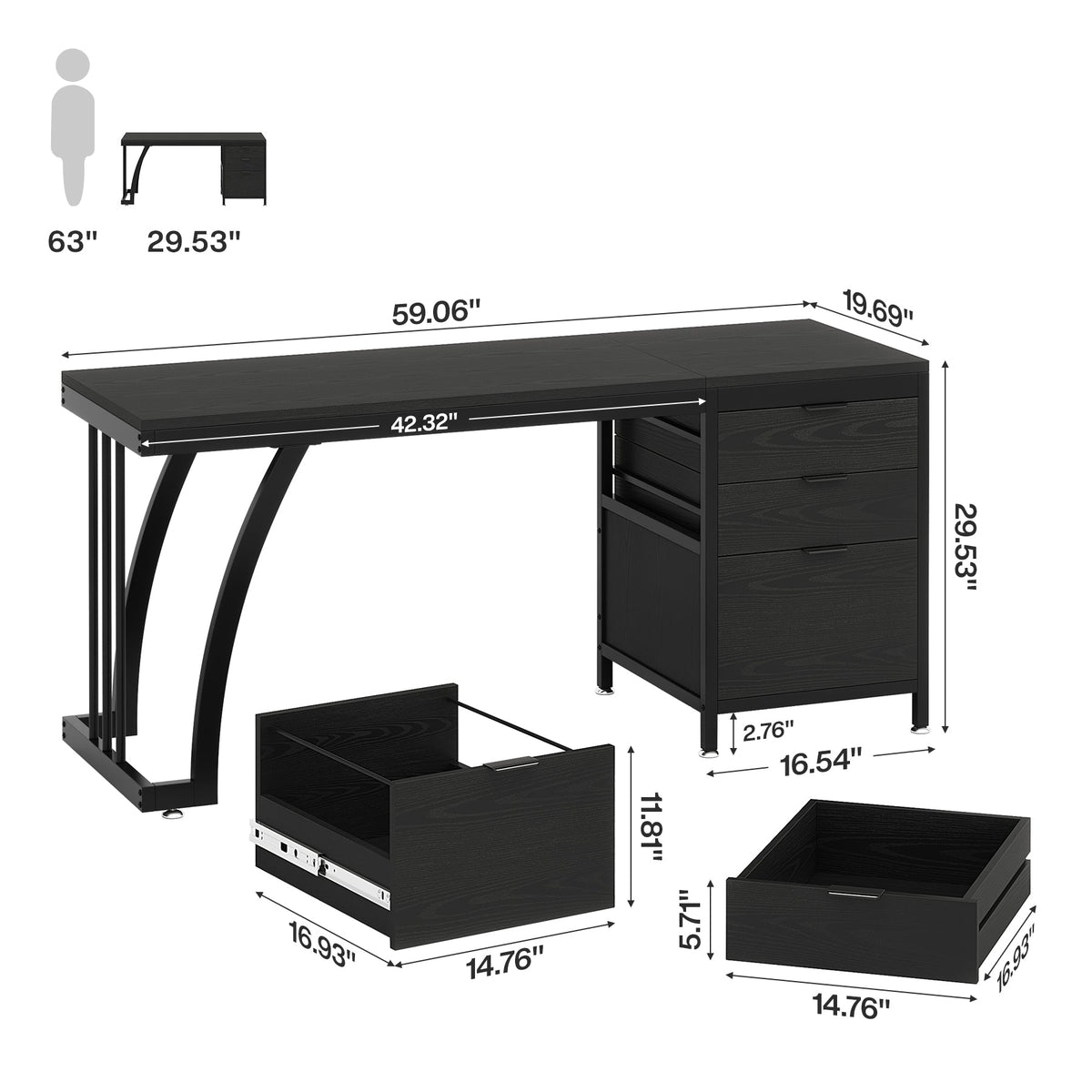 59 Inch Computer Desk with Reversible 3-Drawer Storage, Industrial Desk for Home Office