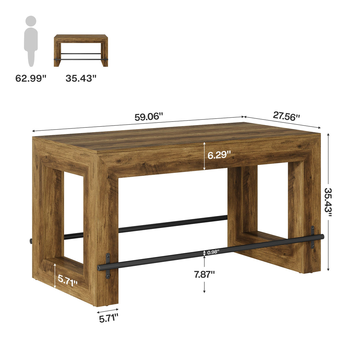 59-Inch Industrial Bar Table with Metal Footrest, Counter Height Pub Table for Kitchen