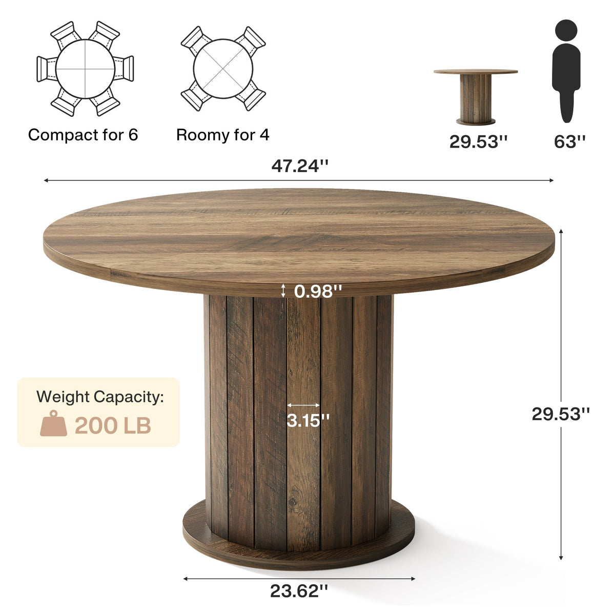 47.24-Inch Round Dining Table with Pedestal Base, Farmhouse Kitchen Table for 4 to 6 People