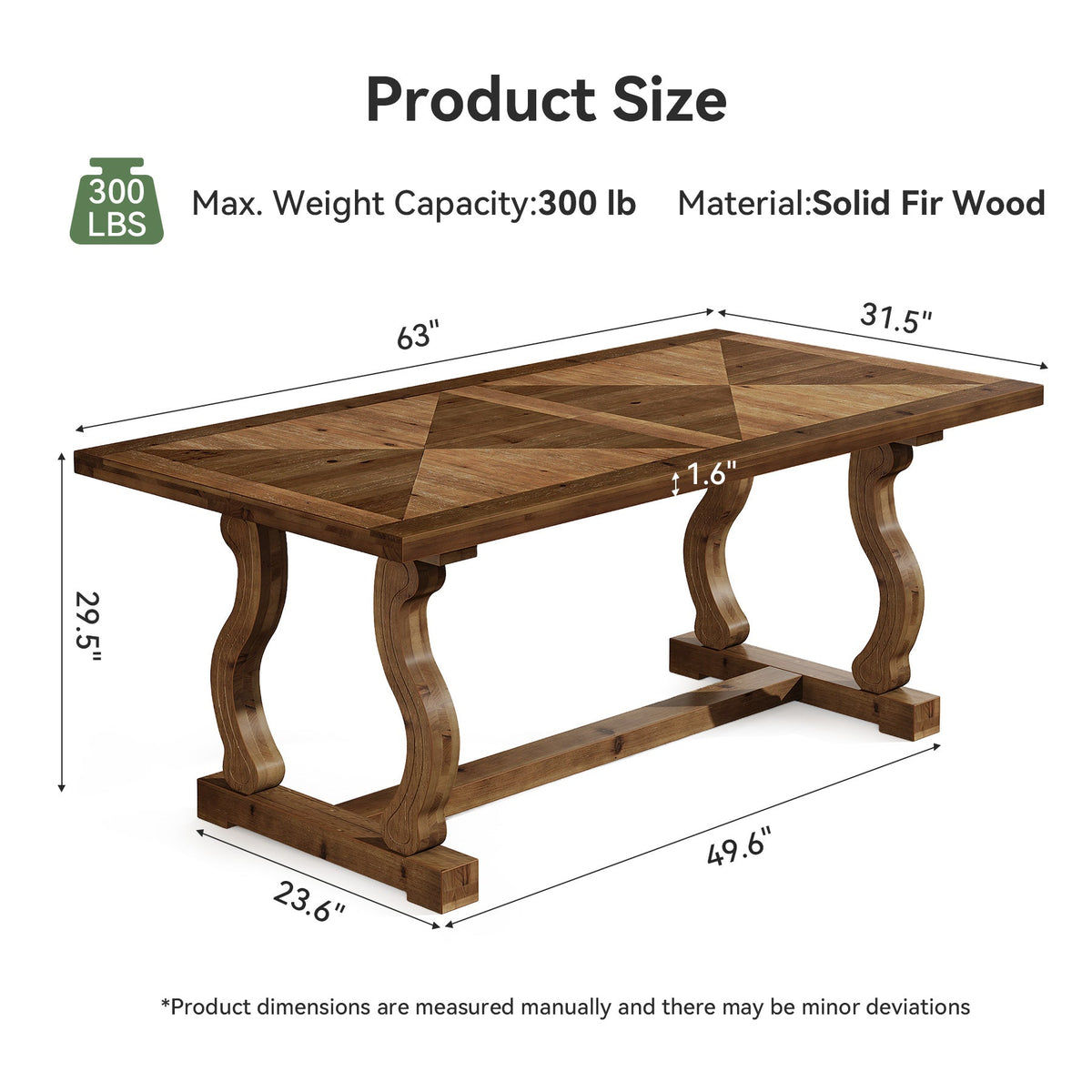 63-Inch Solid Wood Dining Table with Diamond Parquetry, Farmhouse Table for Dining Room