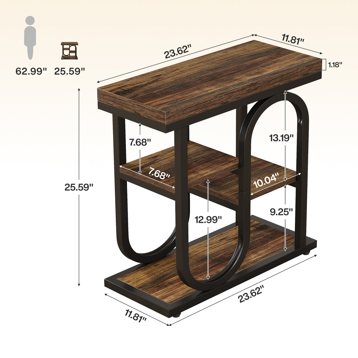 23.62-Inch Narrow End Table with 4-Tier Storage, S-Shaped Side Table for Living Room