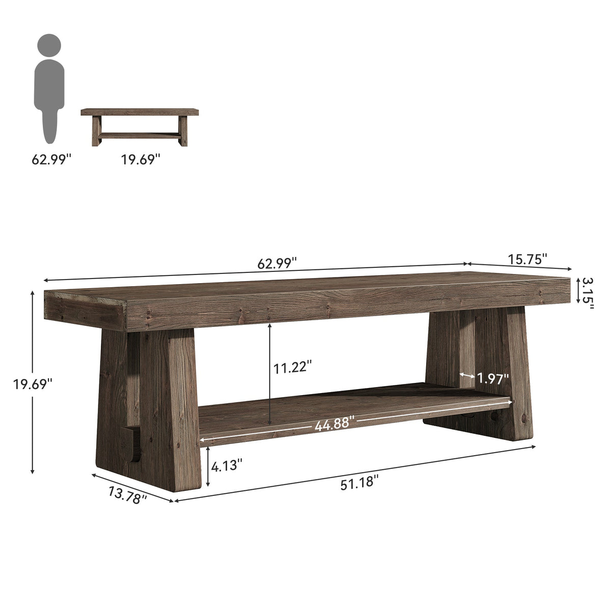 63-Inch Solid Wood Farmhouse Bench with 2-Tier Open Shoe Storage