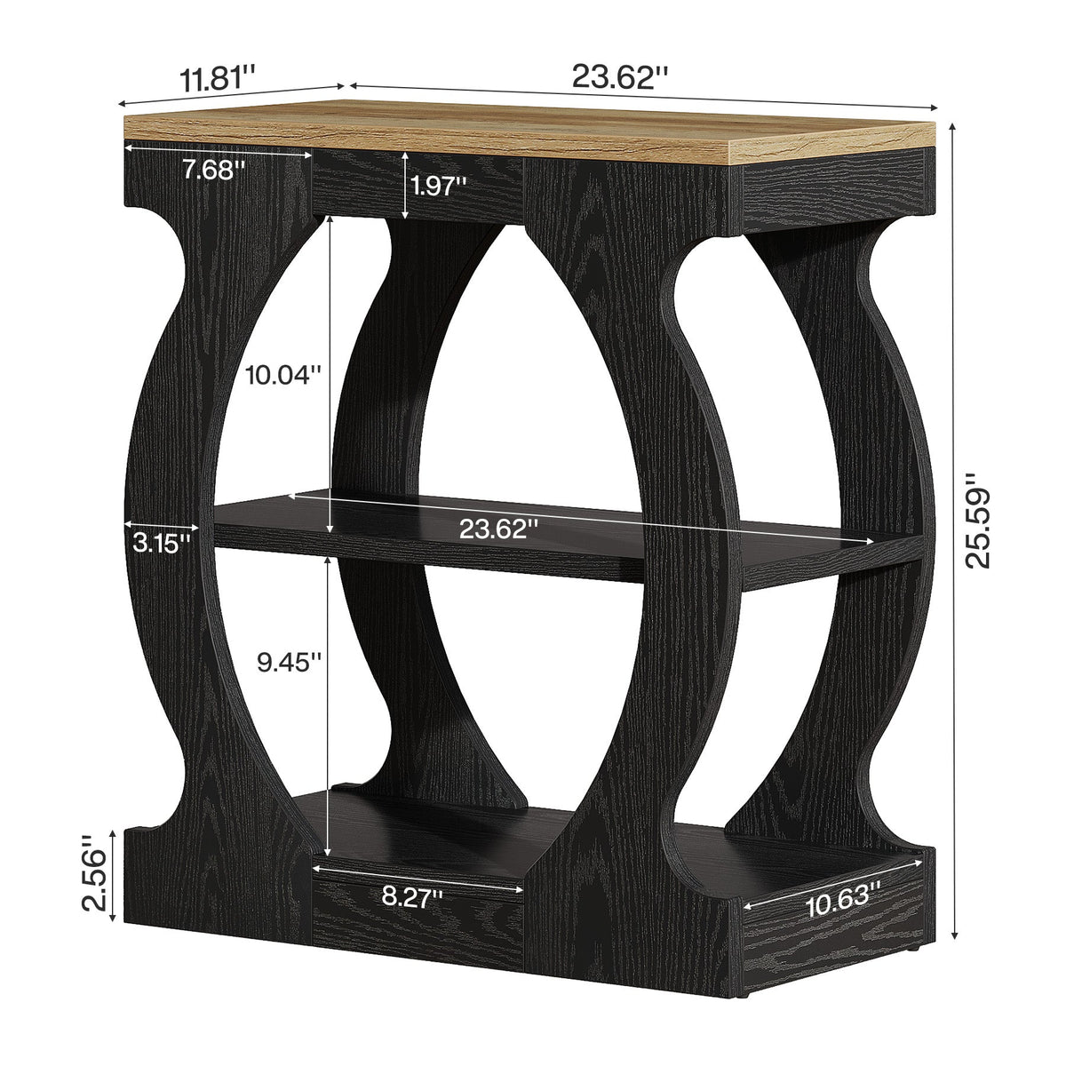 23.6 Inch Narrow End Table with 3-Tier Storage, Wooden Side Table with Curved Frame