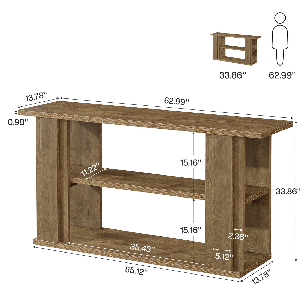 63-Inch Farmhouse Console Table with 3-Tier Storage Shelves and Wide Panel Supports, Narrow Sofa Table for Living Room Hallway and Foyer