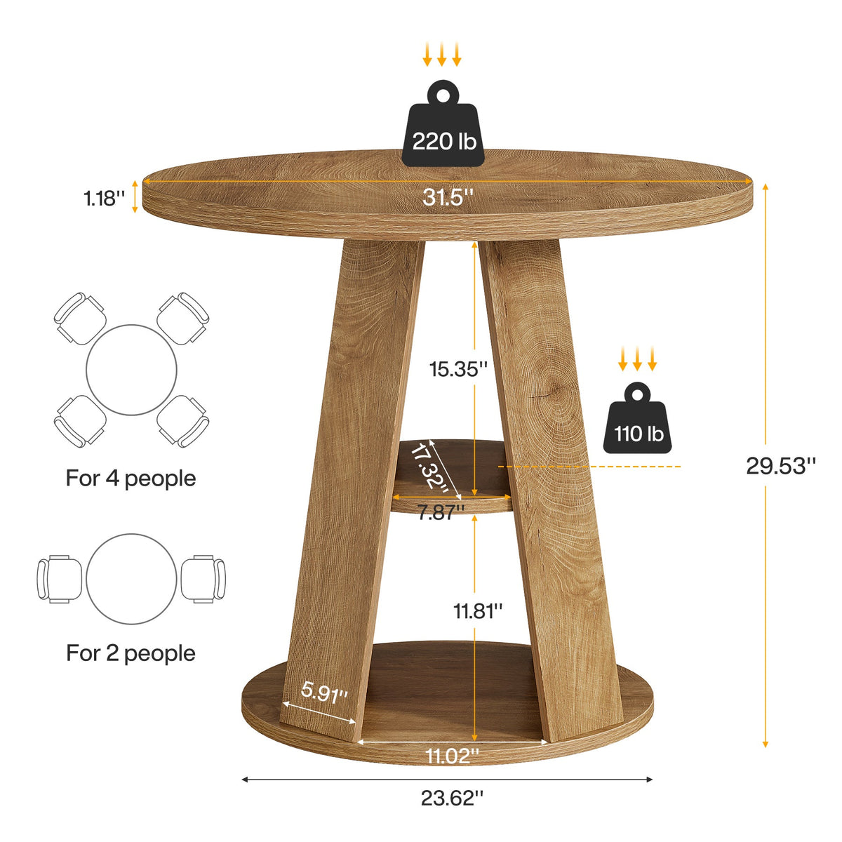 31.5-Inch Round Dining Table for 2-4, Space-Saving Farmhouse Kitchen Table with 2-Tier Storage Shelf for Small Spaces
