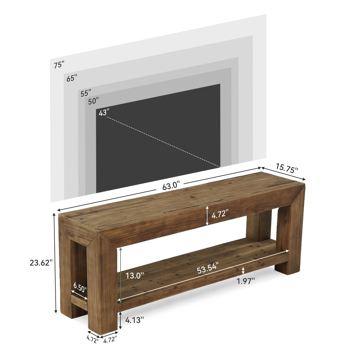 63-Inch Solid Wood TV Stand for TVs up to 75 Inches with 2-Tier Open Storage Shelves