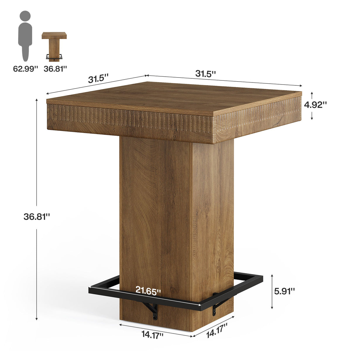 31.5-Inch Square Bar Table with Metal Footrest, Industrial Pub Table for Small Kitchens