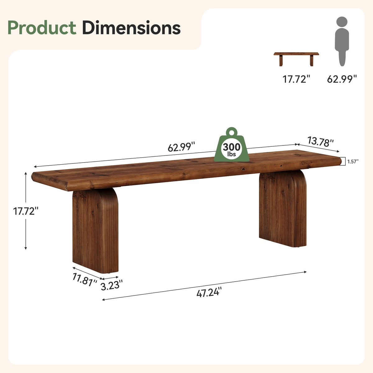 62.99 Inch Solid Wood Entryway Bench, Farmhouse End of Bed Bench for Bedroom and Hallway