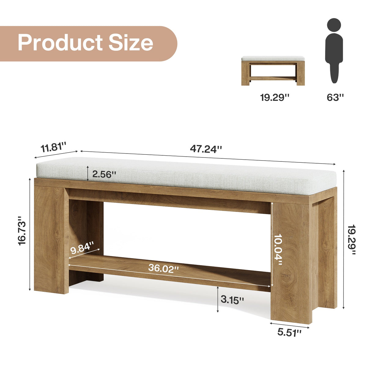 47.24-Inch Upholstered Hallway Bench with Padded Seat, Farmhouse Bed Bench for Bedroom