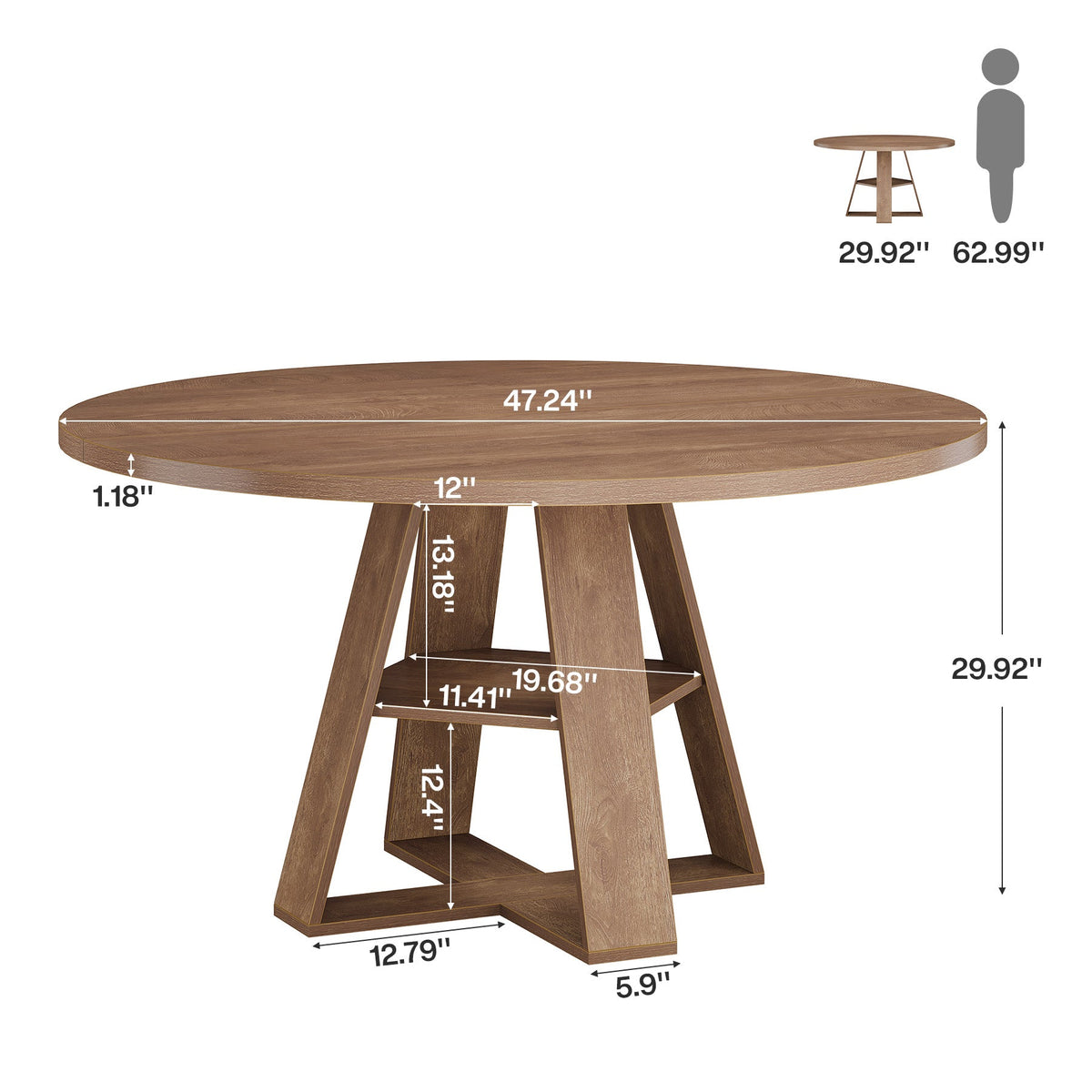 47.24-Inch Round Dining Table for 4-6, Modern Farmhouse Kitchen Table with X-Cross Pedestal Base and Storage Shelf for Dining Room