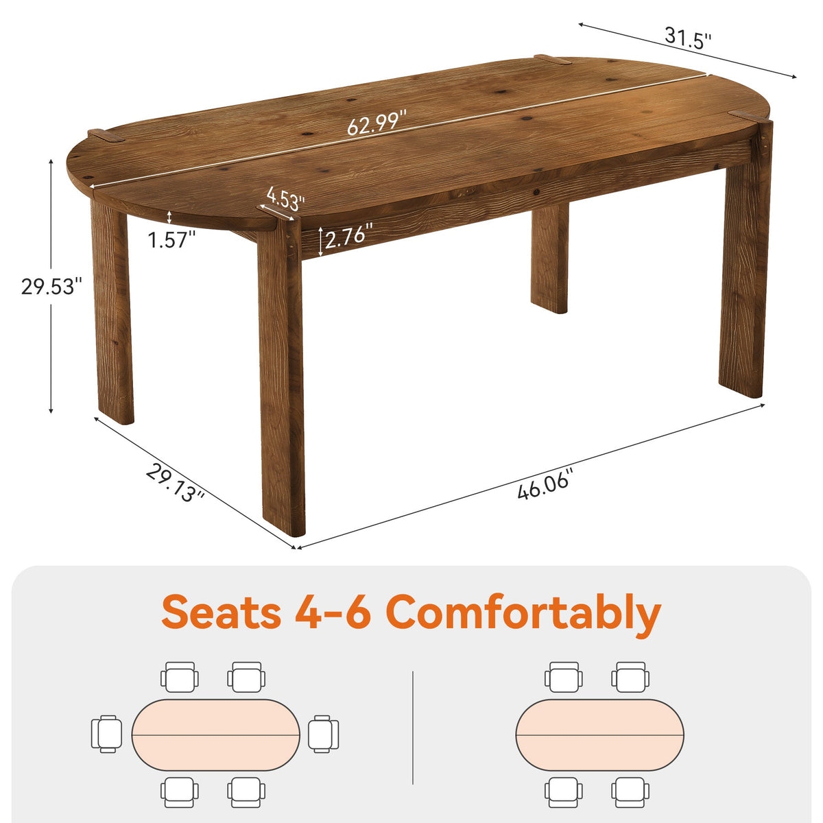 63-Inch Solid Wood Oval Dining Table, Farmhouse Dinner Table with Sturdy Base for 4-6