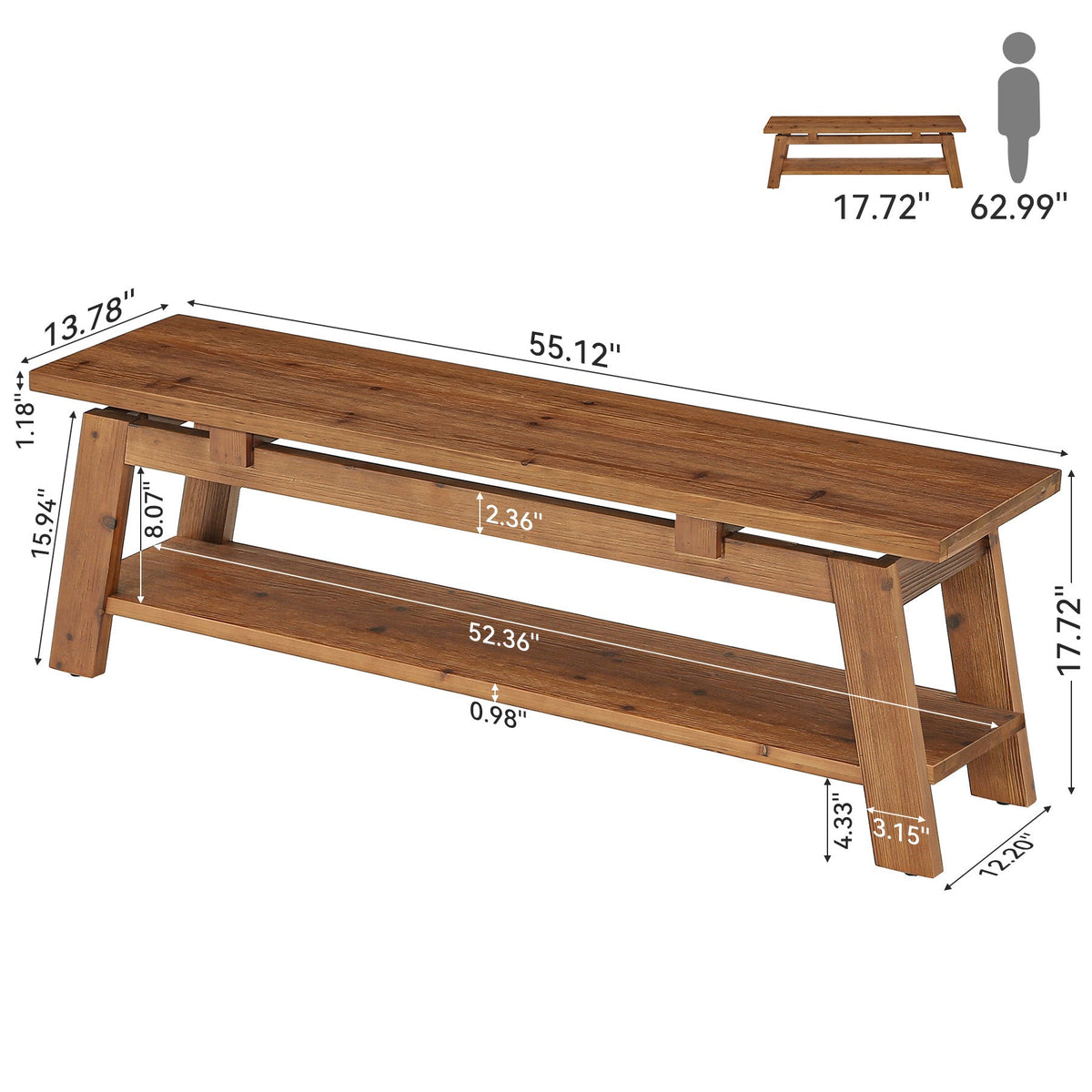 55-Inch Solid Wood Shoe Storage Bench with Lower Shelf, Farmhouse Entryway Seating for Hallway