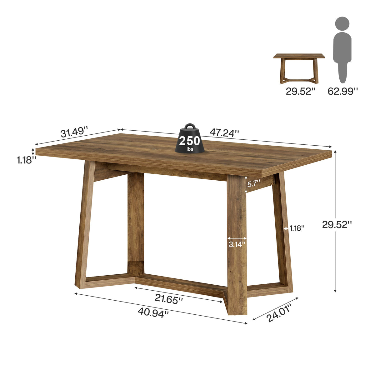 47-Inch Wood Dining Table with 250 lb Capacity, Farmhouse Rectangle Table for Kitchen