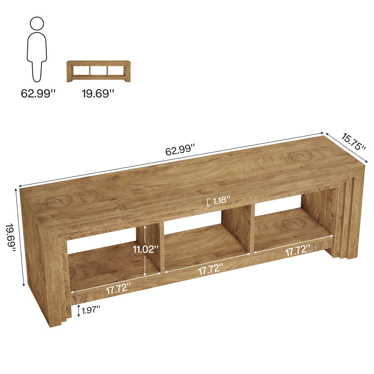 63-Inch Farmhouse TV Stand, Oak Media Console with Open Storage for Living Room