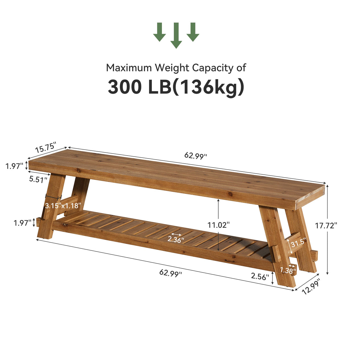 63 Inch Solid Wood Shoe Storage Bench for 6 Pairs, Farmhouse Entryway Seat with Shelf