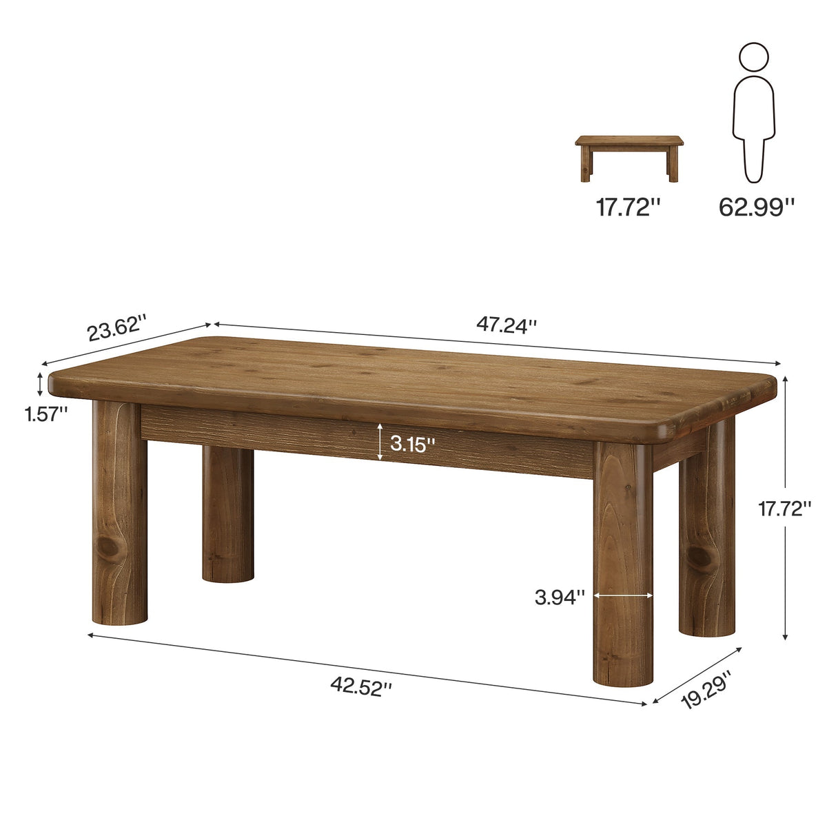 47.2-Inch Solid Wood Coffee Table with Rectangular Tabletop
