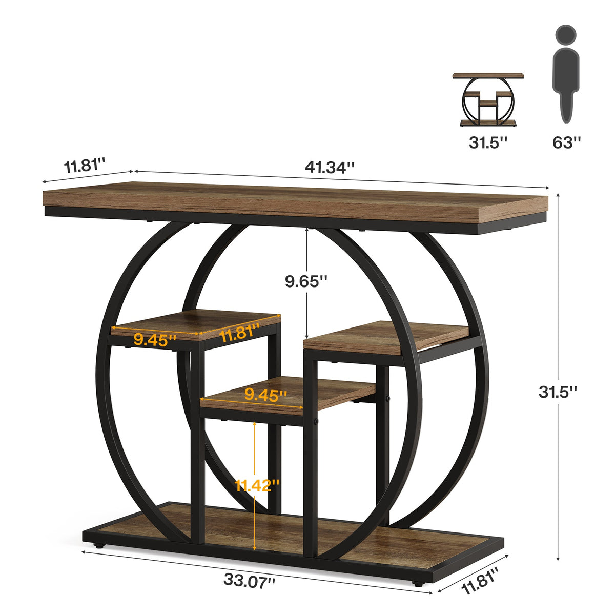 41 Inch Industrial Console Table with Storage, 4 Tier Narrow Sofa Table for Entryway Living Room