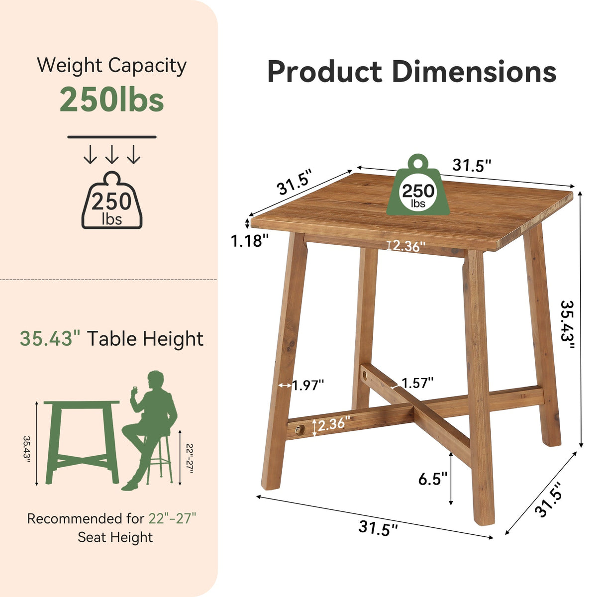 31.5-Inch Square Solid Wood Bar Table with Footrest, Farmhouse Counter Height Bistro Table