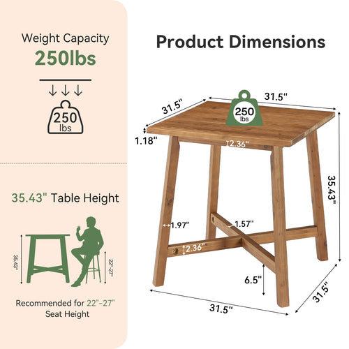 31.5-Inch Square Solid Wood Bar Table with Footrest, Farmhouse Counter Height Bistro Table