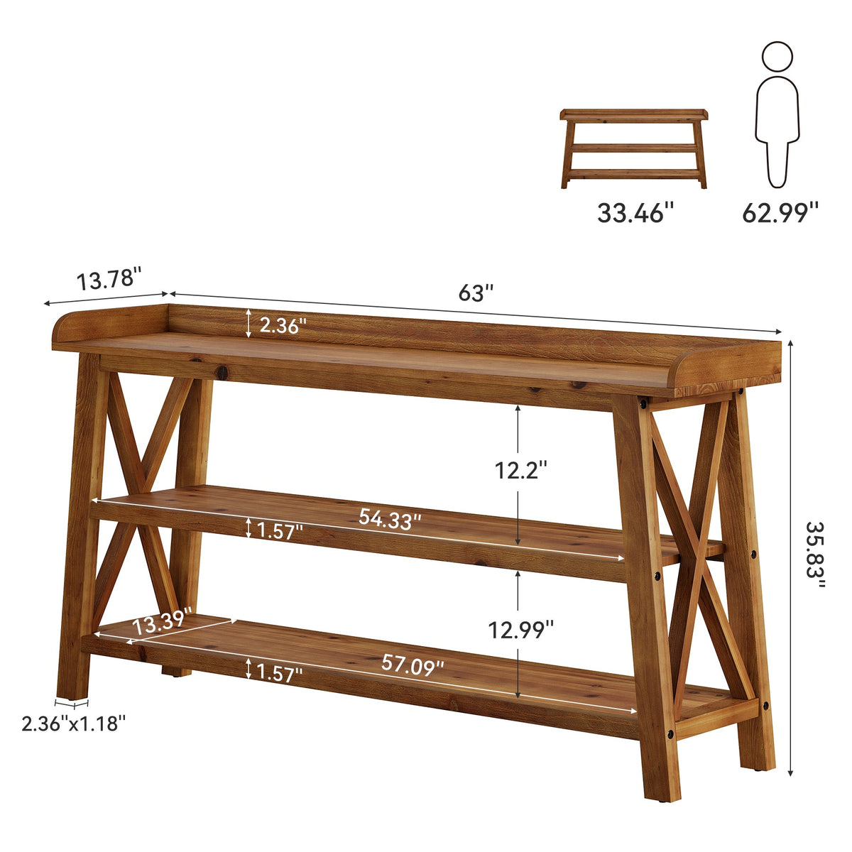 63-Inch Solid Wood Console Table with X-Frame, 3-Tier Hallway Table for Living Room