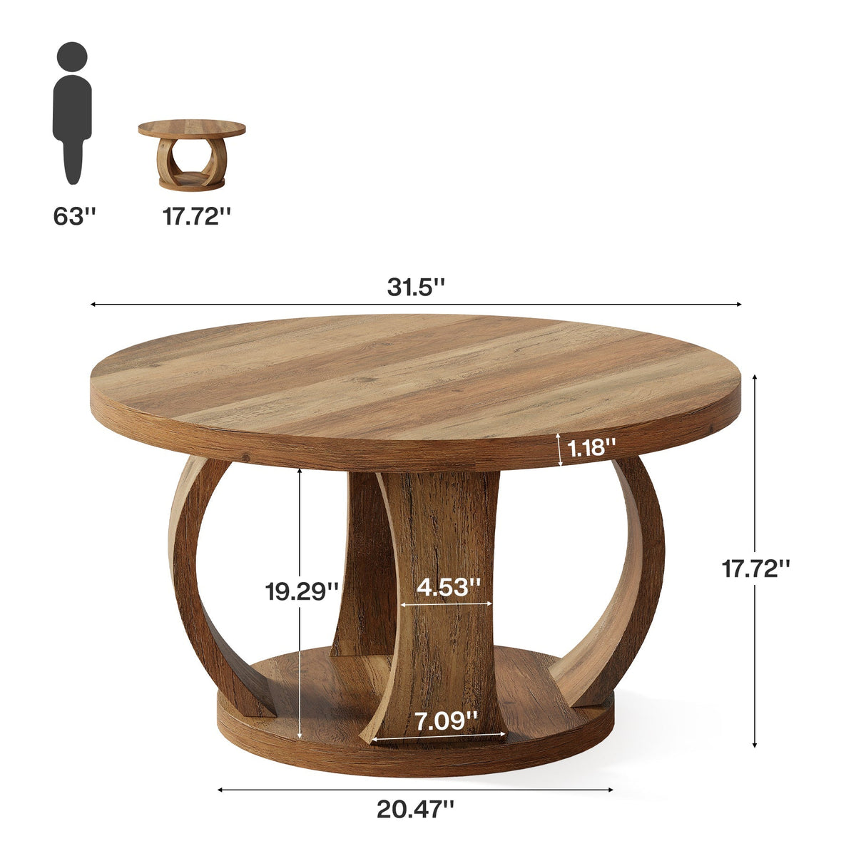 31.5" Wooden Circle Coffee Table, 2-Tier Storage for Small Spaces