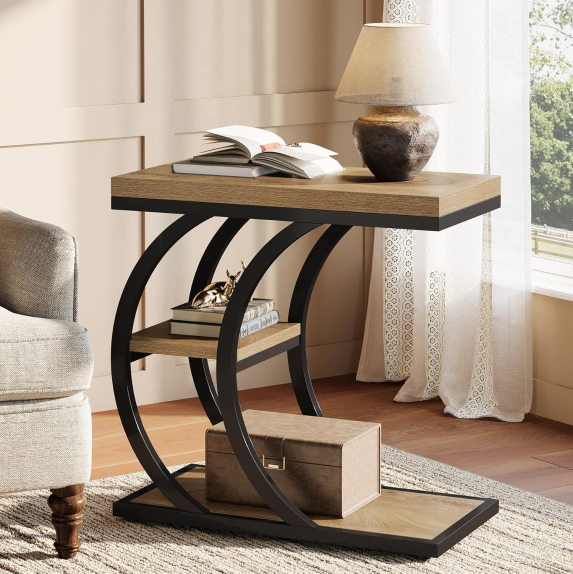 C-Space 3-Tier End Table, A Narrow C-Shaped Wood & Metal Side Table for Small Spaces