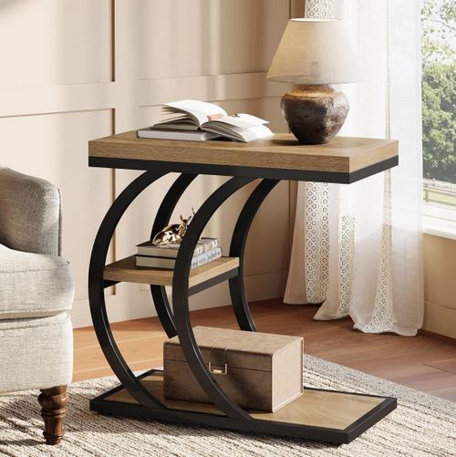 C-Space 3-Tier End Table, A Narrow C-Shaped Wood & Metal Side Table for Small Spaces