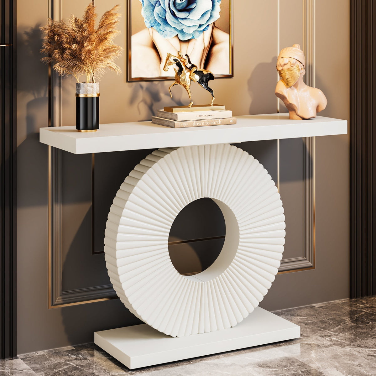 Modern Console Table 40" Wood Sofa Table with Geometric Base #Colour_White