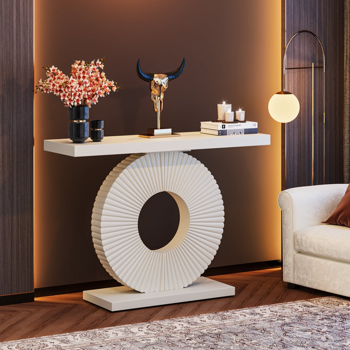 Modern Console Table 40" Wood Sofa Table with Geometric Base #Colour_White