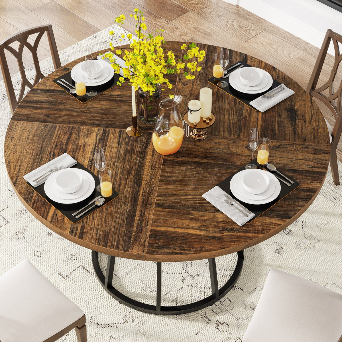 Round Dining Table for 4 People, 47.2" Kitchen Dinner Table with Metal Base
