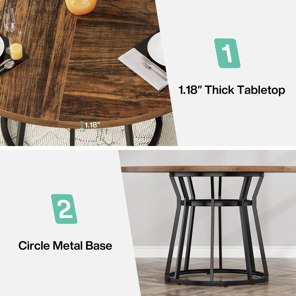 Round Dining Table for 4 People, 47.2" Kitchen Dinner Table with Metal Base