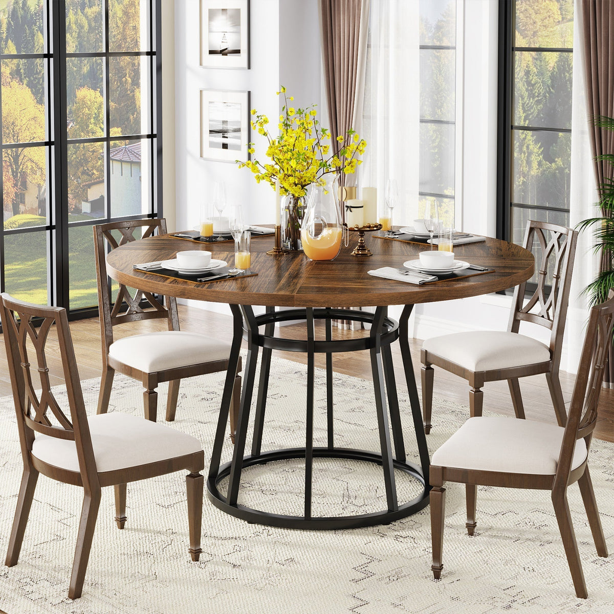 Round Dining Table for 4 People, 47.2" Kitchen Dinner Table with Metal Base