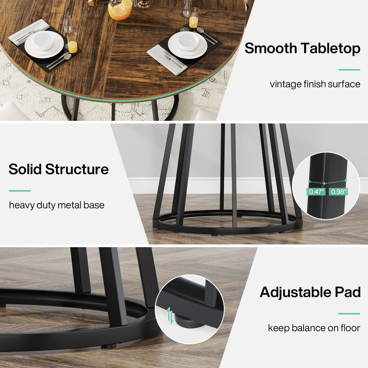 Round Dining Table for 4 People, 47.2" Kitchen Dinner Table with Metal Base