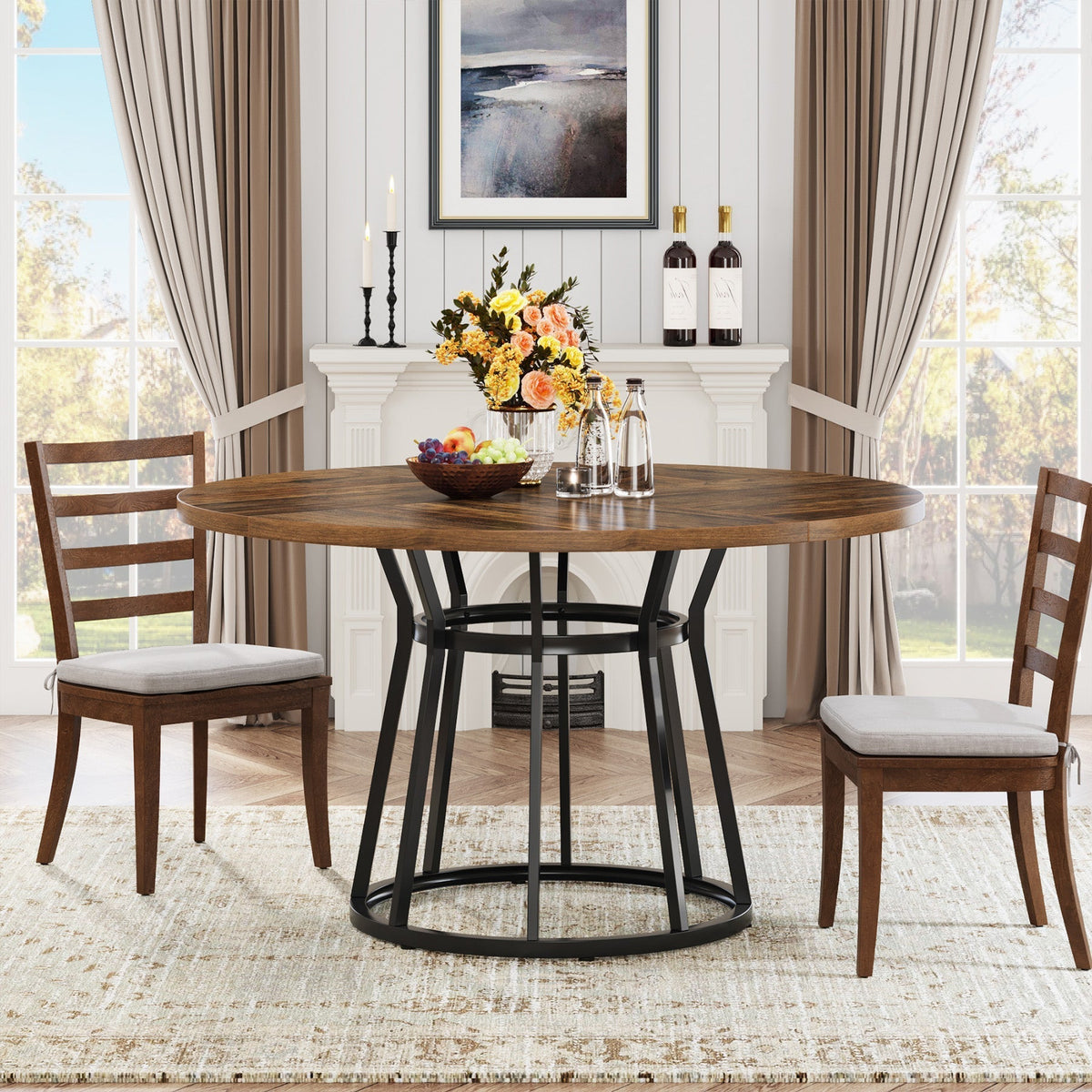 Round Dining Table for 4 People, 47.2" Kitchen Dinner Table with Metal Base