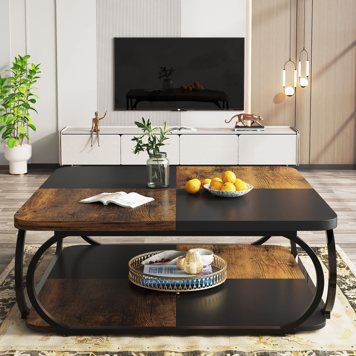 Square Coffee Table, 39" Central Cocktail Table with 2 - Tier Shelves