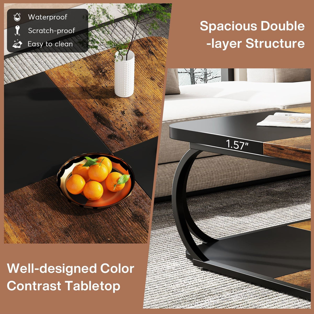 Square Coffee Table, 39" Central Cocktail Table with 2 - Tier Shelves