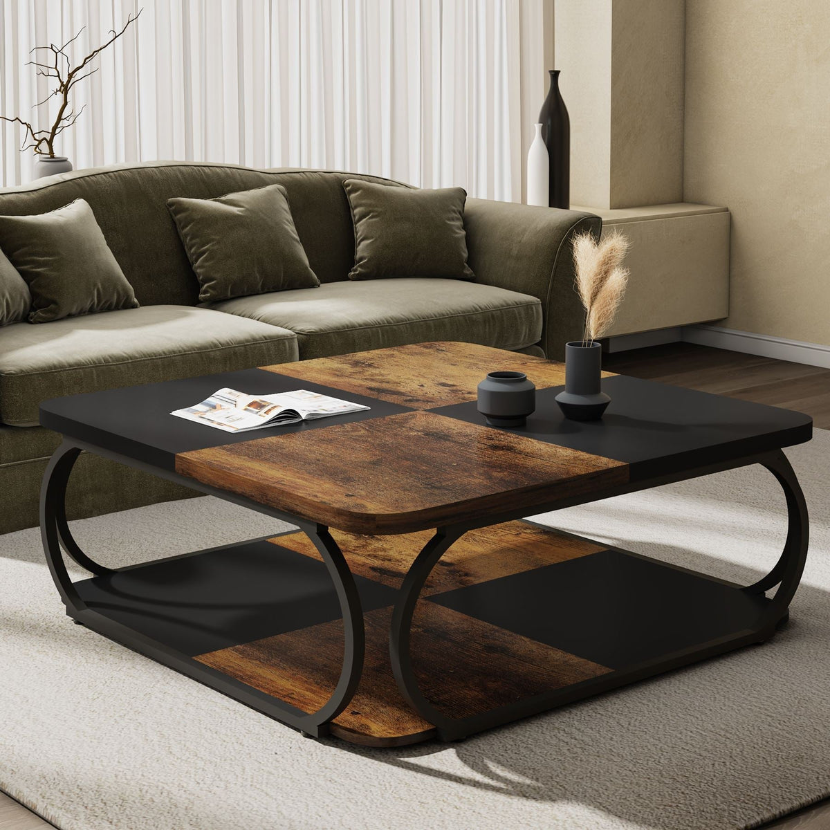 Square Coffee Table, 39" Central Cocktail Table with 2 - Tier Shelves