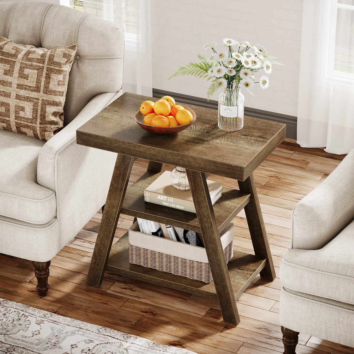 Wood End Table, 3 - Tier Sofa Side Table with Storage Shelf