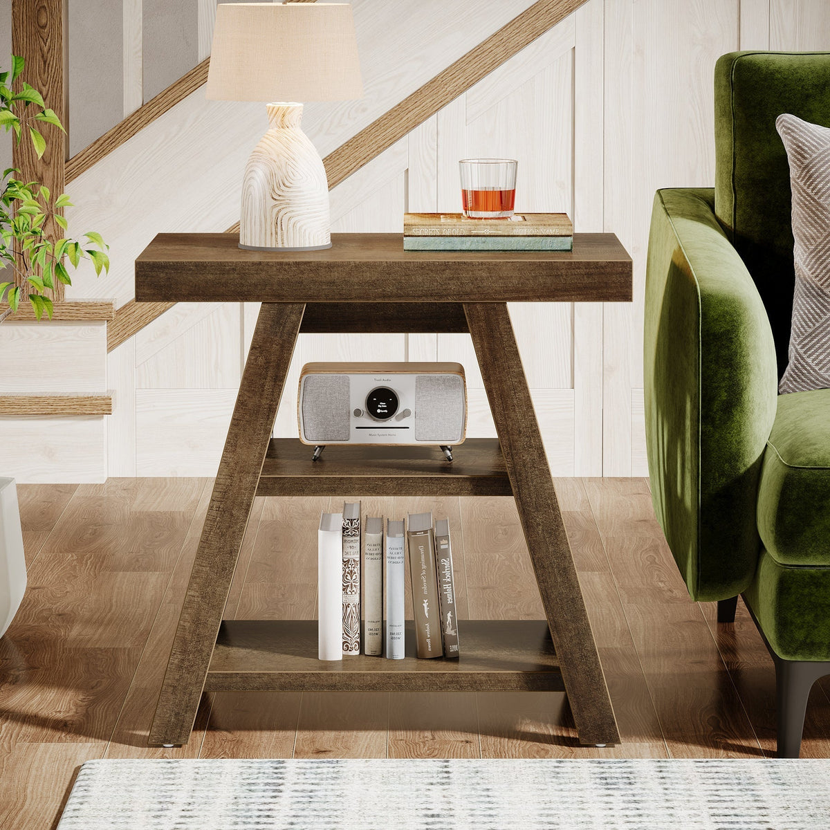 Wood End Table, 3 - Tier Sofa Side Table with Storage Shelf