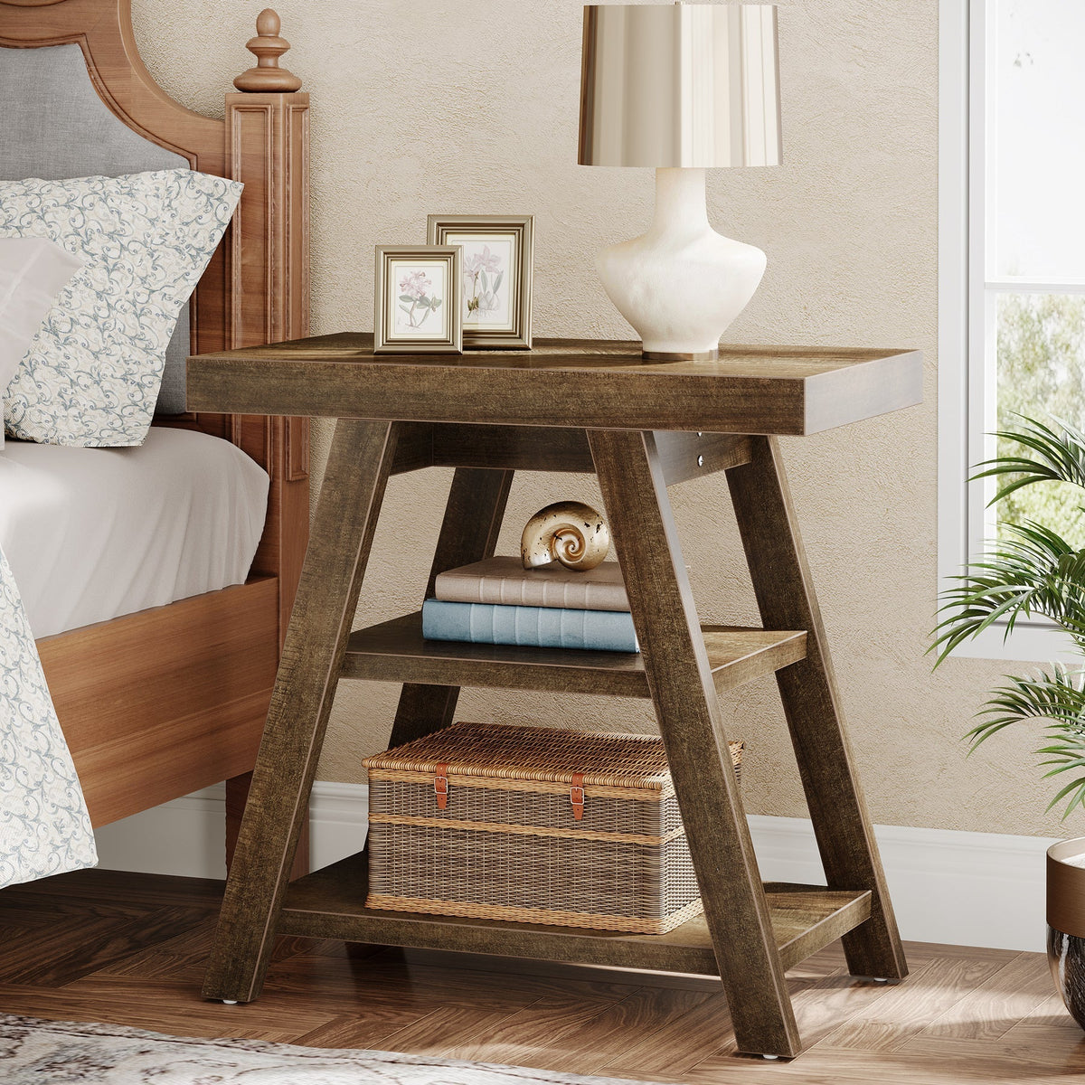 Wood End Table, 3 - Tier Sofa Side Table with Storage Shelf