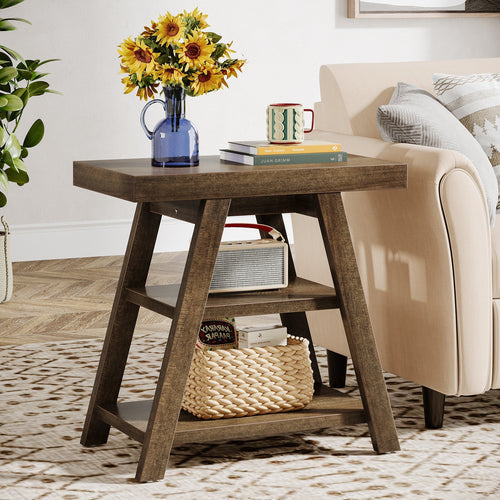 Wood End Table, 3 - Tier Sofa Side Table with Storage Shelf